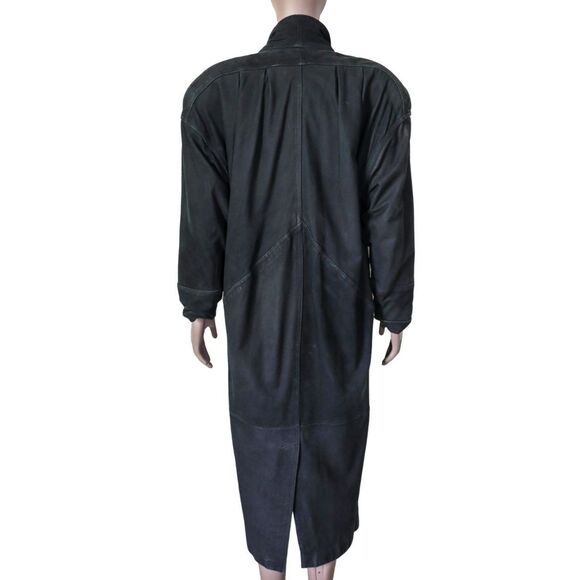 Vintage 80s‎ Winlit Black Suede Leather Long Coat Evening Overcoat Size Small - Picture 2 of 4
